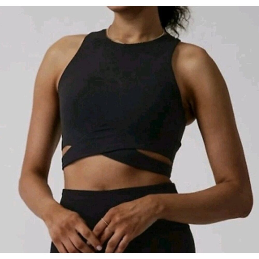 Athleta Cut Out Crop Top Bra Longline Black Strappy Sports Sz‎ L Large Racerback